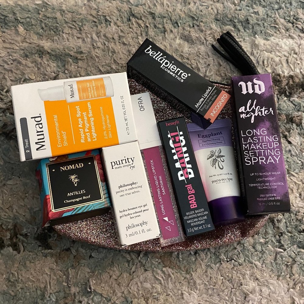 Makeup and skincare bundle in glittery Ipsy bag!